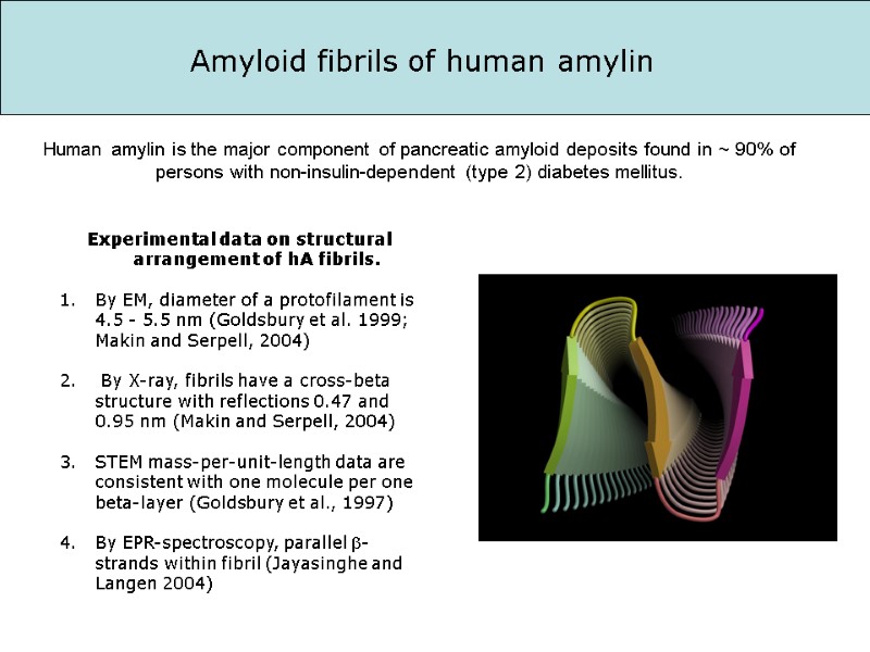 Experimental data on structural arrangement of hA fibrils.  By EM, diameter of a